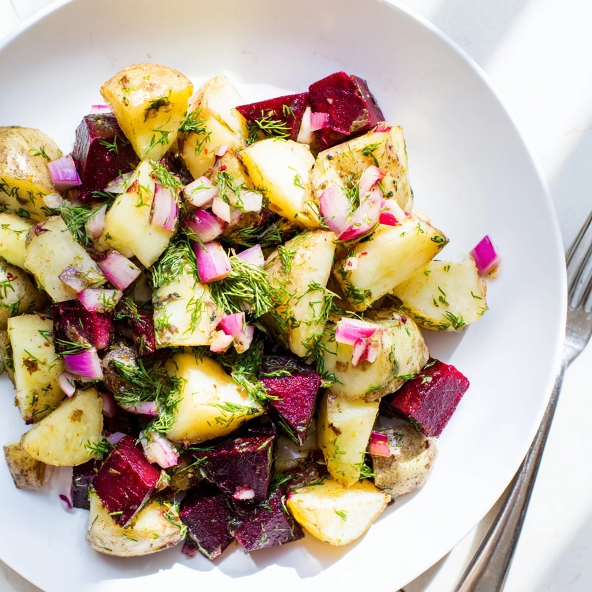 Hausgemachter Kartoffel- und Rote Bete-Salat mit Dill-Rezept, ideal als Beilage oder leichtes Mittagessen.