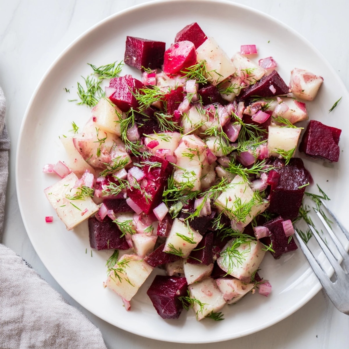 Ein Teller voller Kartoffel- und Rote Bete-Salat zeigt die erdigen und frischen Aromen von Dill.