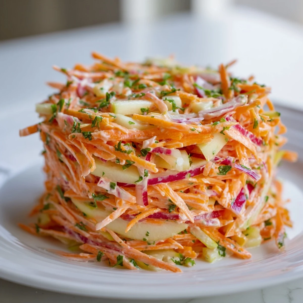 Crisp carrot and apple slaw topped with creamy dressing, perfect for picnics.  