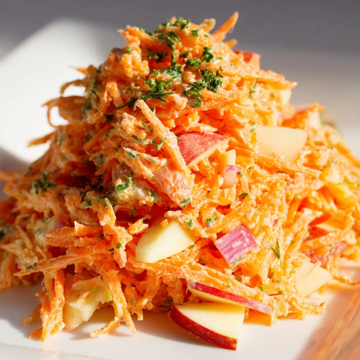 Refreshing carrot and apple slaw dish served in a vibrant bowl.  