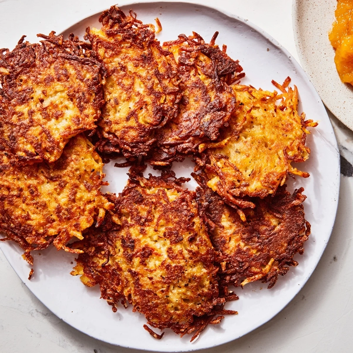 Crispy potato pancakes topped with sweet applesauce, perfect for brunch delights.  