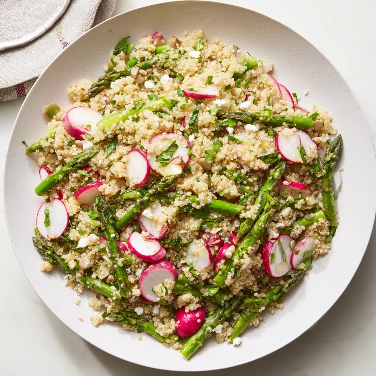 Zarte Spargelstücke und knackige Radieschen im Asparagus- und Radieschen-Quinoa-Salat verzehrfertig.