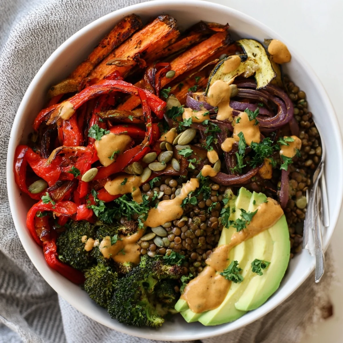 Ein herzhaftes Roasted Veggie and Lentil Bowl, garniert mit zesty Tahini-Dressing.