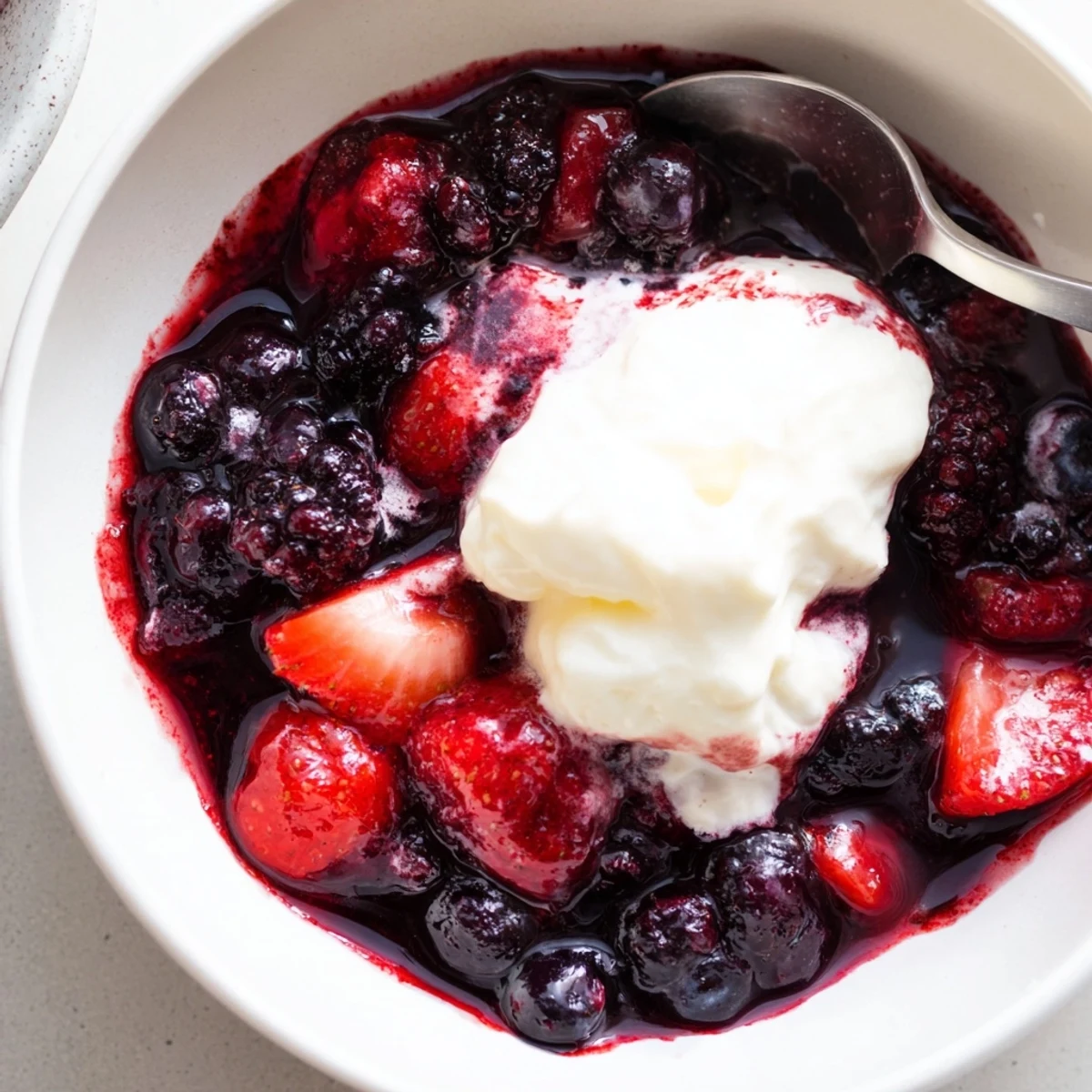 Vibrante Beerenkompott mit frischer Sahne, ein idealer sommerlicher Nachtisch.  