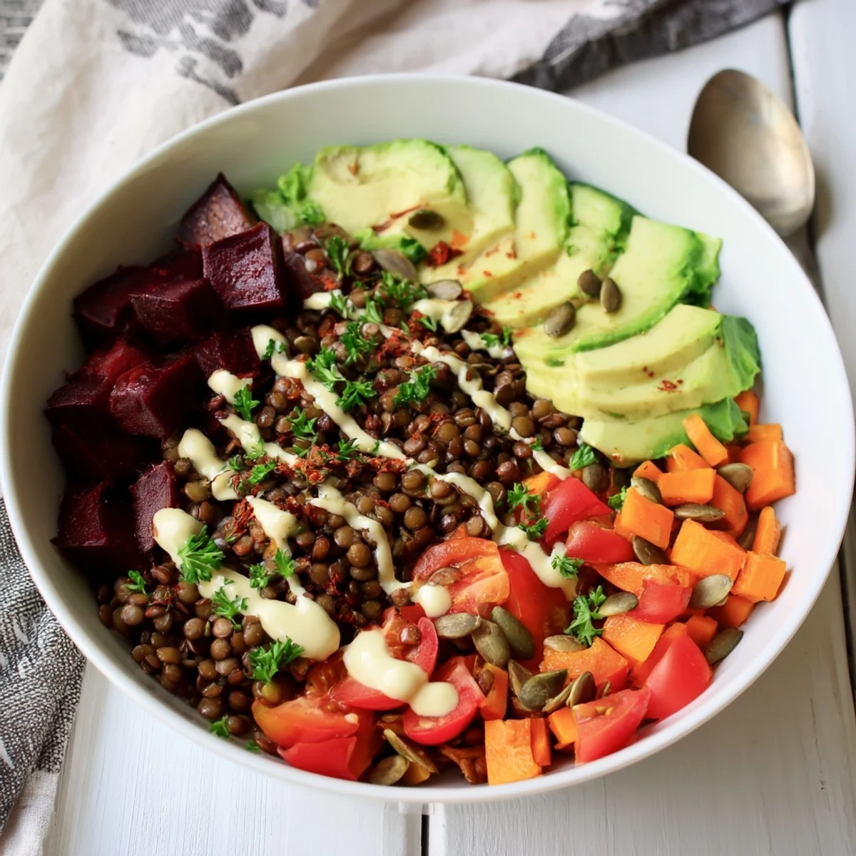 Ein nährstoffreicher Lentil and Beetroot Power Bowl voller gerösteter Rote Bete und frischem Gemüse.