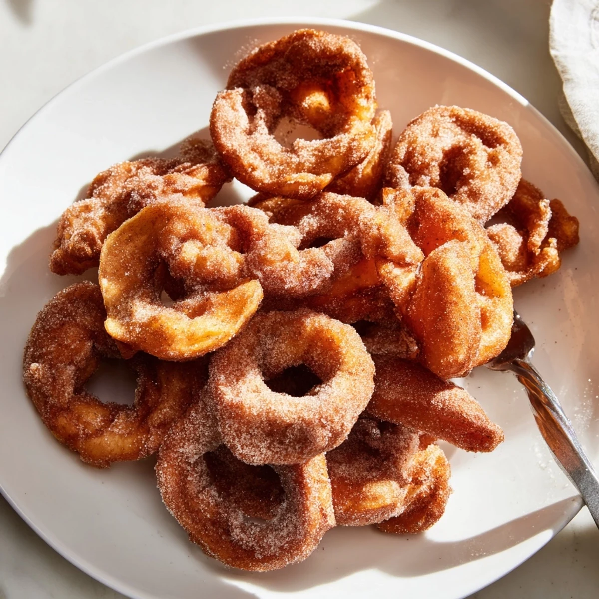 Zarte Apfelringe in fluffigem Teig, eine beliebte Dessert-Genuss.  