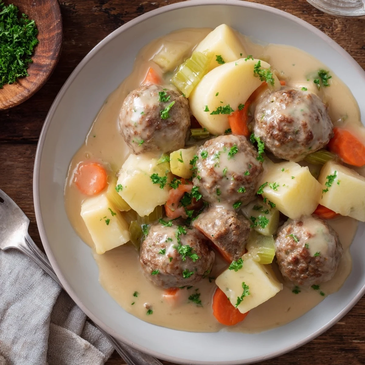 Zarte deutsche Fleischbällchen in einer cremigen Senfsauce mit Gemüse.  