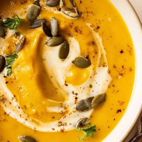 Cremige, aromatische Roasted Pumpkin Soup, perfekt garniert mit gerösteten Kürbiskernen.